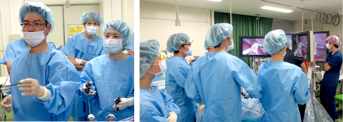 講師陣の指導の下、腹腔鏡手術手技をトレーニング